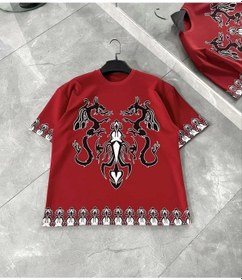 Resim Unisex Bisiklet Yaka Baskılı Oversize T-shirt - Kırmızı 001 