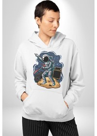 Resim Gitar Astronot Müzik Uzay Kadın Erkek Beyaz Kapüşonlu Sweatshirt Hoodie Beyaz 