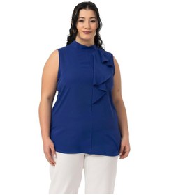 Resim Büyük Beden Yarım Dik Yaka Asimetrik Volanlı Kolsuz Saks Mavi Bluz Saks Mavi 