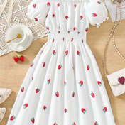 Resim Kızlar için İlkbahar/Yaz Rahat Volanlı Kısa Kollu Elbise, Polyester %100 Dokuma Meyve ve Sebze Baskı, Genç Kızlar için Rahat Düzenli Kesim, Dolgu Yok, Günlük Giyim ve Partiler için Mükemmel 