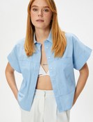 Resim Kısa Kollu Poplin Gömlek Manşet Yaka Cepli Düğmeli Pamuklu 