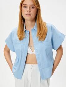 Resim Kısa Kollu Poplin Gömlek Manşet Yaka Cepli Düğmeli Pamuklu 