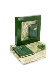 Resim Kutulu Seccade Seti - Kadife Kaplı Yasin - Seccade - Tesbih - Yeş 