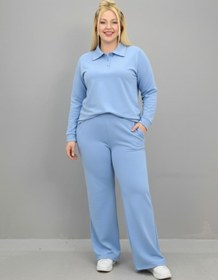 Resim Kadın Büyük Beden Uzun Kollu Polo Yaka Eşofman Takımı 8212-26 - 3XL / Bebe Mavi 