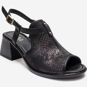 Resim Luvishoes Janelle Siyah Simli Hakiki Deri Kadın Kalın Topuklu Sandalet 