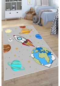 Resim Dijital Baskılı Dekoratif Kaymaz Taban Yıkanabilir Gezegenler Temalı Modern Çocuk Halısı Gri 