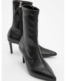 Resim Luvishoes Luvi Shoes Thalin Siyah Cilt Sivri Burun Yandan Fermuarlı Kadın İnce Topuklu Bot Siyah-Cilt 