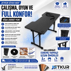 Resim XMAX Jetkur Siyah Mdf Bilgisayar Oyuncu Masası Lazer Kesim Sallanmaz Metal Ayaklı - Vida Derdi Yok 