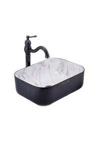 Resim Yuen Banyo Lavabosu Tezgah Üstü Çanak Banyo Lavabosu Doğal Taş Mermer Desenli 40x30x14 Ölçülerinde Siyah 
