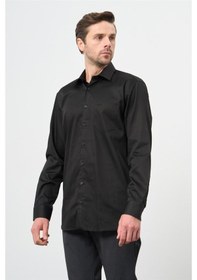 Resim Siyah Uzun Kol Düz Bez Ayağı 041 Sert Yaka Classic Comfort Fit Gömlek 1004245323 Siyah 