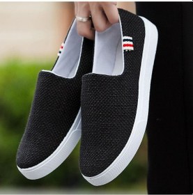 Resim Siyah Yaz Keten Kumaş Ayakkabı Erkek Kore Versiyonu Rahat Ayakkabılar Slip-On Tembel Ayakkabı Trend Erkek Ayakkabıları Nefes Paten Ayakkabı Siyah 