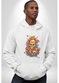 Resim Renkli Kurukafa Hippi Kadın Erkek Beyaz Kapüşonlu Sweatshirt Hoodie Beyaz 