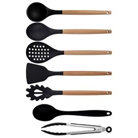 Resim Kitchen Design Lab Siyah Bambu Silikon Kepçe Kaşık Kevgir Makarna Spatula Silikon Kaşık Metal Maşa Seti 