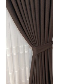 Resim Keten Fon Perde 1/3 Sık Dikim Korniş İçin Tek Kanat 30 Renk Koyu Kahverengi 