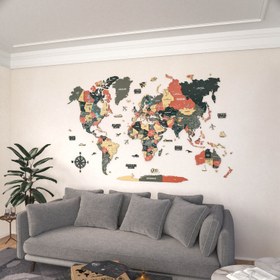 Resim Renkli Baskılı 3D Ahşap Dünya Haritası (Sage) - 120x75 cm / İngilizce 
