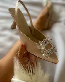 Resim Shoebutik Quiero Bej Saten Taşlı Açık Stiletto 