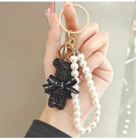 Resim Honeybeeshop Rhinestone Ayı İnci Zincirli Dijital Anahtarlık Beyaz Yaratıcı Araba Çanta Aksesuarı 
