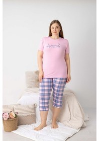 Resim Kadın Düğmesiz Bisiklet Yaka Viskon Kısa Kollu Kapri Pijama Takımı Basen Kapatır Tunik Boy Kapri Pembe 