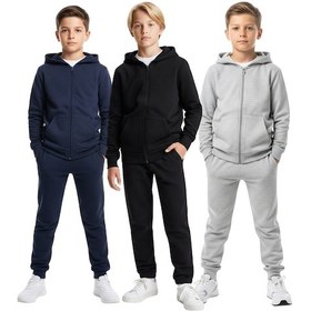 Resim Panios Kids 3'lü Fermuarlı Kanguru Cepli Kapüşonlu Düz Baskısız Erkek Çocuk Eşofman Takımı Çok Renkli 