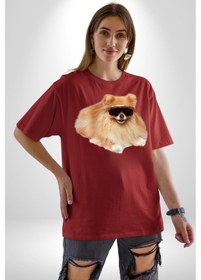 Resim Pomernian Köpek Pamuklu Bisiklet Yaka Unisex Oversize Boyfriend Dijital Baskılı Kırmızı T-shirt Kırmızı 