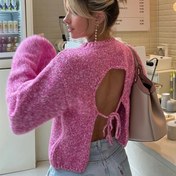 Resim Kadınların Şık Arka Bağlı Açık Arka Kazakları Fener Kollu - Canlı Pembe Yuvarlak Yaka Bol Kesim Kazak Bahar Yaz Sonbahar, Plaj ve Rahat Giyim, Plaj Örgü, Rahat Kesim Kazak, Kaliteli Örgü 