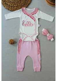 Resim 3-6 6-9 9-12 Ay Hello Nakışlı Kruvaze Bandanalı Uzun Kollu Zıbınlı 3lü Kız Bebek Takımı Pembe Pembe 