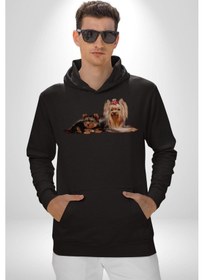 Resim Yorkshire Teacup Ve Anne Köpek Kadın Erkek Siyah Kapüşonlu Sweatshirt Hoodie Siyah 