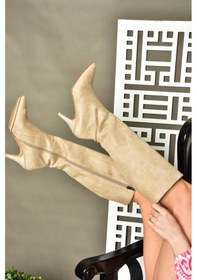 Resim Fox Shoes R372453002 Ten Süet İnce Topuklu Kadın Çizme Ten Rengi 