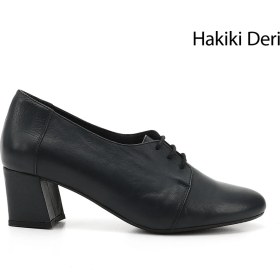 Resim Kadın Antik Lacivert Bağcıklı Orta Kalın Topuklu Hakiki Deri Oxford Ayakkabı 