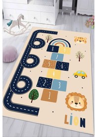 Resim Dijital Baskılı Dekoratif Kaymaz Taban Yıkanabilir Hayvanlı Seksek Temalı Modern Çocuk Halısı Krem 