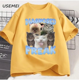 Resim Usemeı Freak Komik Kedi T-shirt Unisex Pamuk Rahat Yuvarlak Boyun Streetwearyellowerkek Yellow 