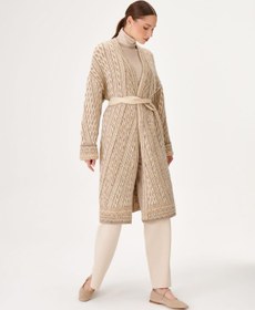 Resim Deri Kemer Detaylı Maxi Bej Triko Kaban 