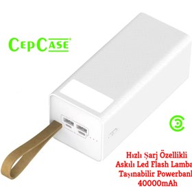 Resim szr store Beyaz B-40 Hızlı Şarj Özellikli Askılı Led Flash Lambalı Taşınabilir Powerbank 40000mAh Zore 
