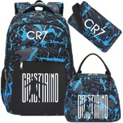 Resim 3 Parça CR7 Baskılı Sırt Çantası Seti, Fermuarlı Rahat Polyester Öğrenci Çantası, Büyük Kapasiteli, Elde Yıkanabilir, Crossbody Çanta Dahil, Gençler İçin 