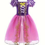 Resim Kızlar İçin Büyüleyici Dondurulmuş Prenses Elbisesi - Pembe & Mor Altın Nakışlı, Kısa Puf Kollu, Katmanlı Etek - %100 Polyester, Fermuarlı, Halloween & Noel Partileri İçin Mükemmel 