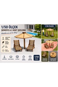 Resim Proton 1/50 Ölçek Maket Şemsiye ve 2 adet Şezlong Set Lazer Kesim Maket Kartonu Mimari Maket Havuz Bahçe Plaj Seti 