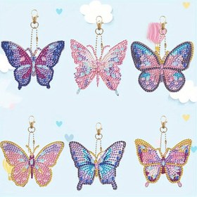 Resim 6 Parça DIY Kelebek Desenli Elmas Boyama Anahtarlık Seti, Başlangıçlar İçin Uygun Mozaik Sanat Kiti, Kadın Çanta Süsü, El Yapımı Ev Dekorasyonu Hediyesi, Festival Hediye 