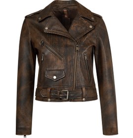 Resim Newage Kadın Kahverengi Slim-Fit Biker Deri Ceket - Kahverengi / 