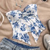 Resim Kadın Çiçek Desenli Asimetrik Etek Crop Üst, Elegant Off-Shoulder Çapraz Askılı Tank, Yaz Plaj Giysisi, Örgü Polyester 100%, Hafif 200g/m² Kumaş, Kısa Uzunluk - No Ped 