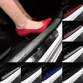 Resim Kristal Taşlı Araba Kapı Eşik Koruyucu Şerit - Kendinden Yapışkanlı Elmas Taşlı Dekorasyon ve Koruma Şeridi Araç Sol Tarafı İçin, Kesilebilir Plastik Malzeme, 60cm Uzunluk 