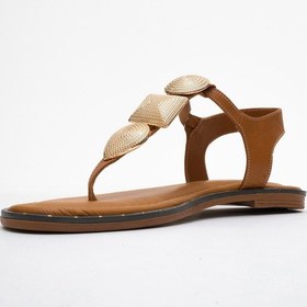 Resim Luvishoes Luvi Shoes Helen Taba Hakiki Deri Parmak Arası Gold Tokalı Kadın Sandalet Taba 