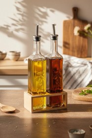 Resim Snippy Olea - 2'li Ahşap Yüksek Standlı Cam Zeytinyağı Şişesi Yağdanlık Damlatmaz Yağlık Sirkelik 500ml Ahşap 