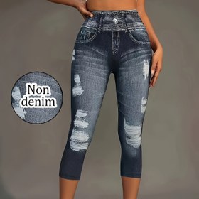 Resim Kadınlar İçin Yüksek Bel İmitasyon Denim Capri Tayt - Esnek Slim Fit Orta Boy Pantolon, Dijital Baskılı, Makinede Yıkanabilir Her Mevsim Günlük Giyim, Rahat Moda, Sıkı Kesimli Kumaş 