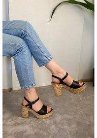 Resim Kadın Romina Siyah Tek Bantlı 10 Cm Platfom Topuklu Mantar Taban Sandalet Siyah 