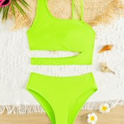 Resim Canlı Renkli 2 Parça Mayo Kız Asimetrik Bikini Üst + Alt Mayo, Havuz Tatil Plaj Yüzme Mayo 
