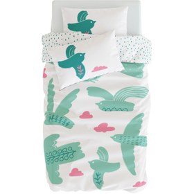 Resim Bird of Life Çift Taraflı Pamuk Saten Mint Yeşili Çocuk Nevresim Seti 140x200cm 