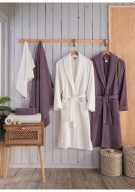 Resim Newhome Alfa 6 Parça Kutulu %100 Pamuk Lüx Aile Bornoz Seti Mürdüm-krem Karışık 