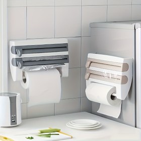 Resim Duvara monte edilebilen mutfak düzenleyici, dahili makas ve alüminyum folyo dağıtıcısı ile - Dayanıklı plastik, yağ kağıdı, fırın kağıdı, havlu ve kağıt ruloları için uygun - Ev depolama çözümü, güç gerektirmez 