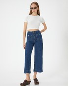 Resim Kısa Geniş Paça Kot Pantolon Yüksek Bel Rahat Kalıp Önden Cep Detaylı - Sandra Culotte Jeans 