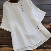 Resim 1pc Kadın Plus Beden Yaz Casual Kısa Kollu Gömlek, İnce Yaka, Düz Renk, Hafif Esnek Dokuma Kumaş - %65 Pamuk %35 Polyester 